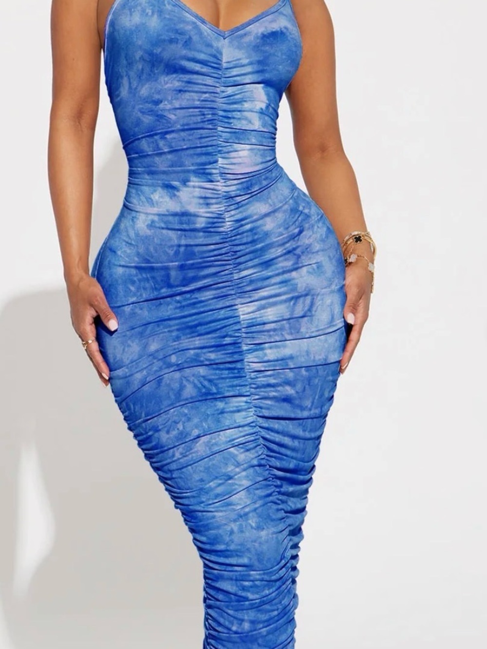 Fashion Nova Blue Tie-Dye Ruched Maxi Dress